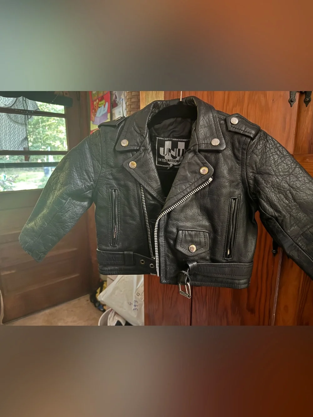 UNIK International Youth Small Genuine Leather Black Motorcycle Biker Jacket